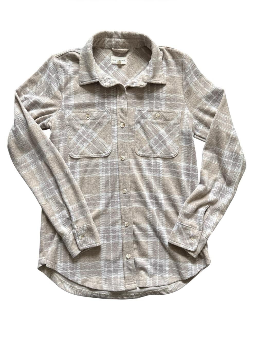 Thread & Supply Plaid Shirt Womens XS Beige White Soft Button Front Flannel - Picture 1 of 7
